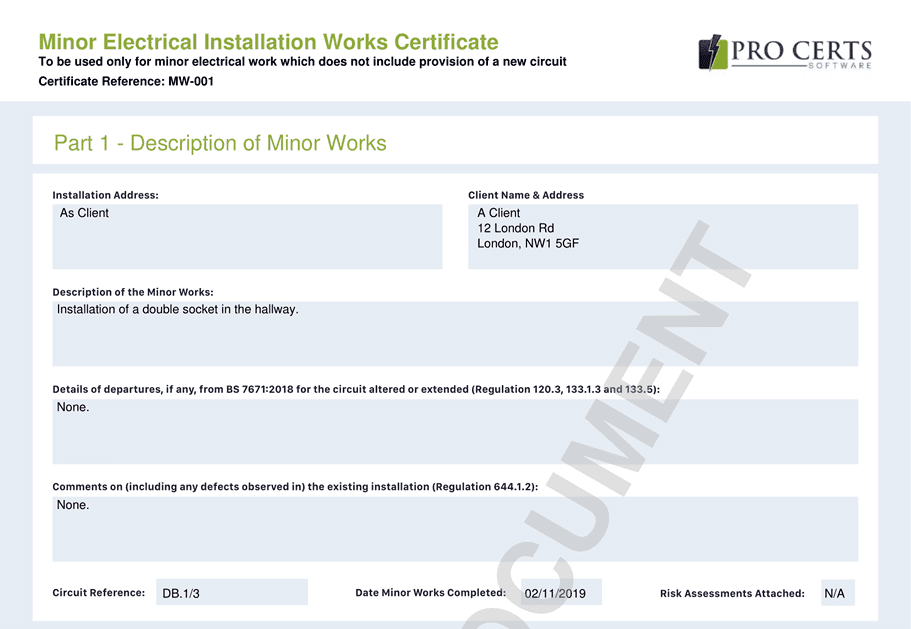 Minor Works Certificate