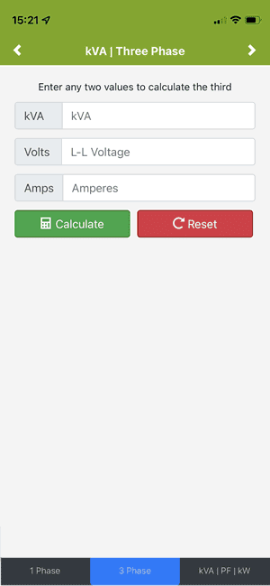 kVA Three Phase Calculator