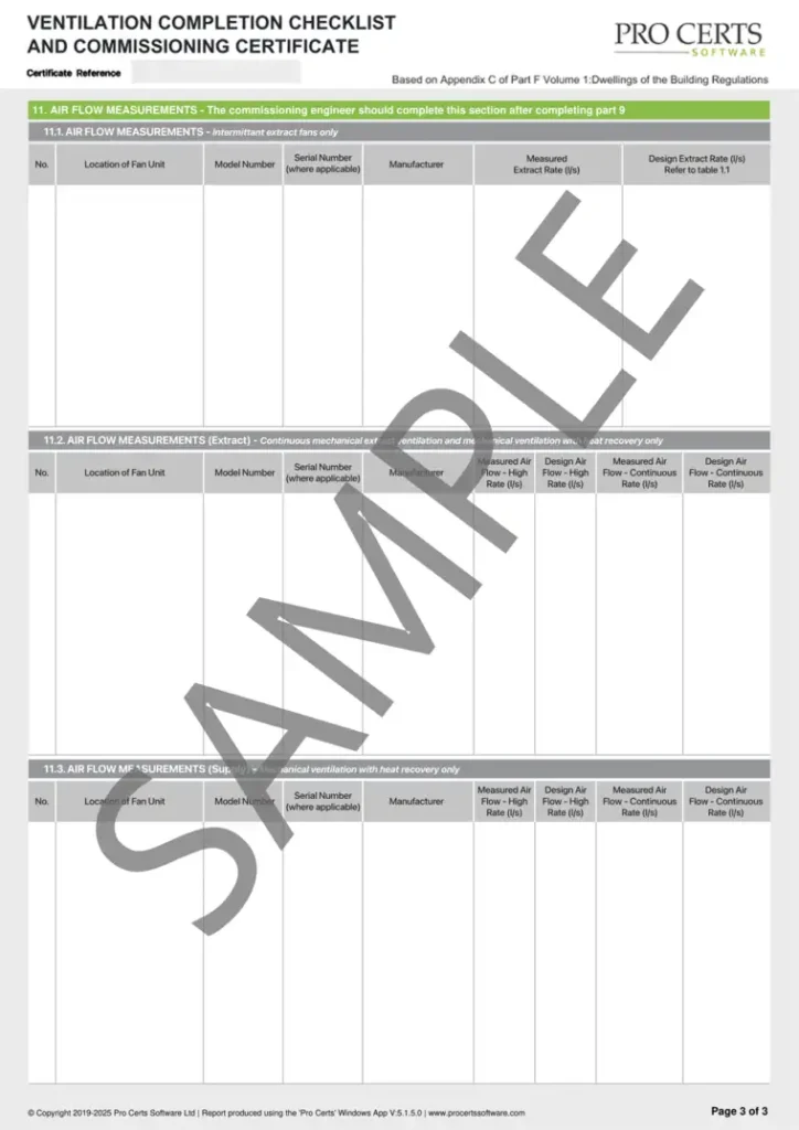 Ventilation Commissioning Certificate