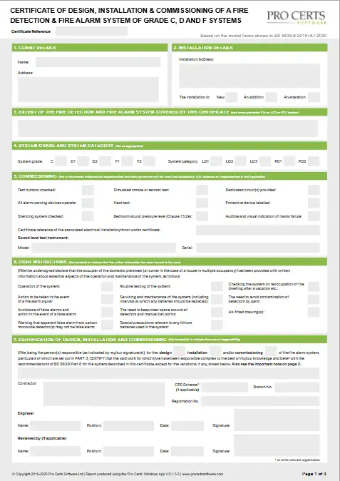 Domestic Fire Alarm Commissioning Certificate BS 5839-6 Template
