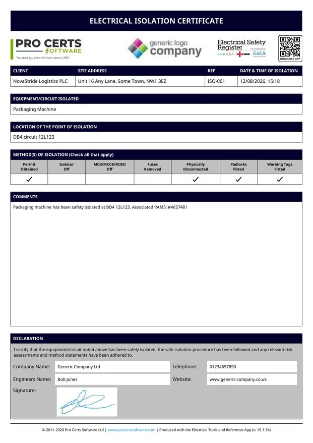 isolation certificate