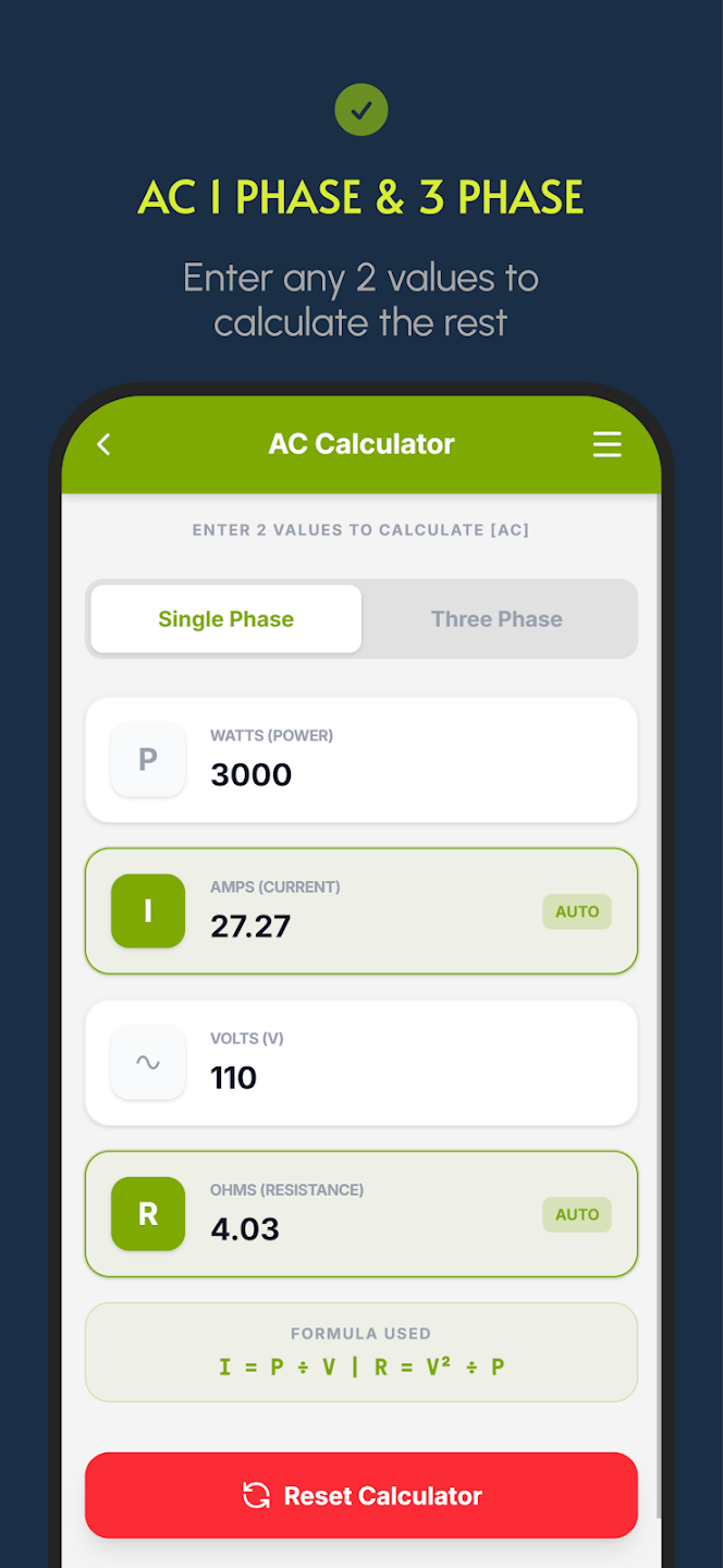 1 phase electrical calcualtor